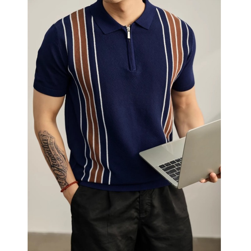 Home Office England - Summer Striped Fashion Knit Polo Shirt,