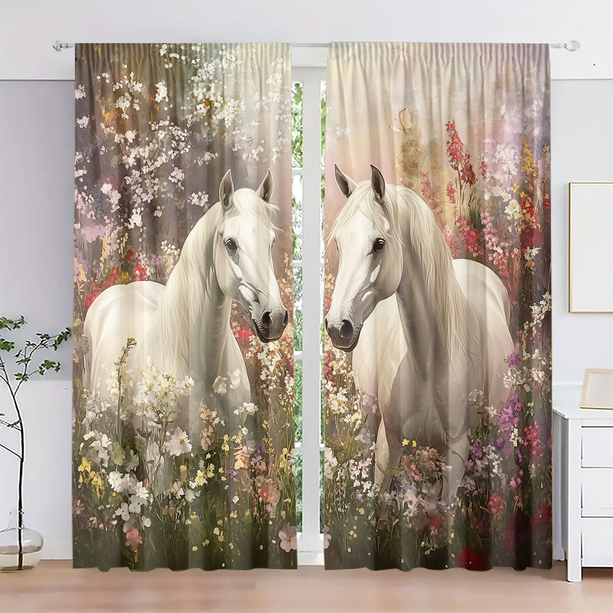 Aesthetic Horse Floral Curtain - Home Office Romance 评论和价格
